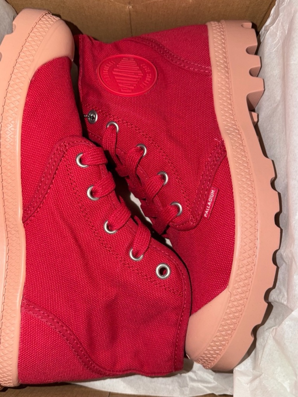 Palladium Red Canvas Lace-Up Boots with Peach Sole